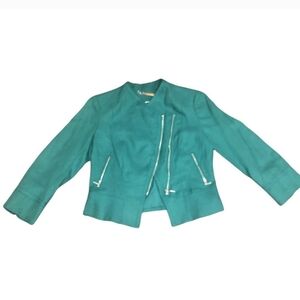 WHBM Jacket Womens Sz. 14 Green Linen Blend Cropped 3/4 Sleeve Moto